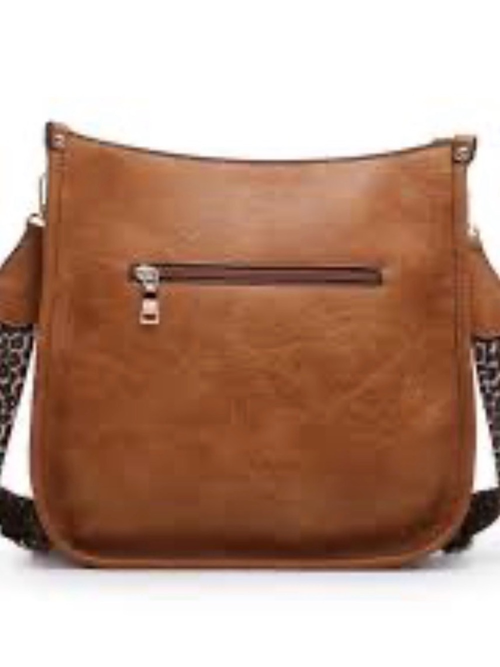 Jen & Co. Leather-Style Crossbody Bag in Tan with animal print guitar strap.